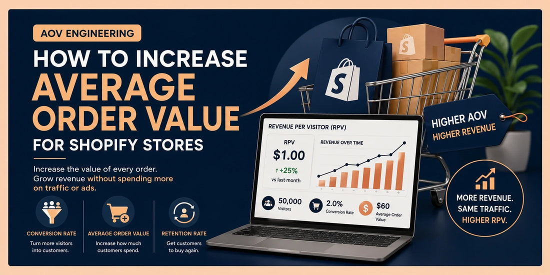 Illustration showing how Shopify stores can increase Average Order Value (AOV) through product bundles, upsells, and revenue optimization strategies.