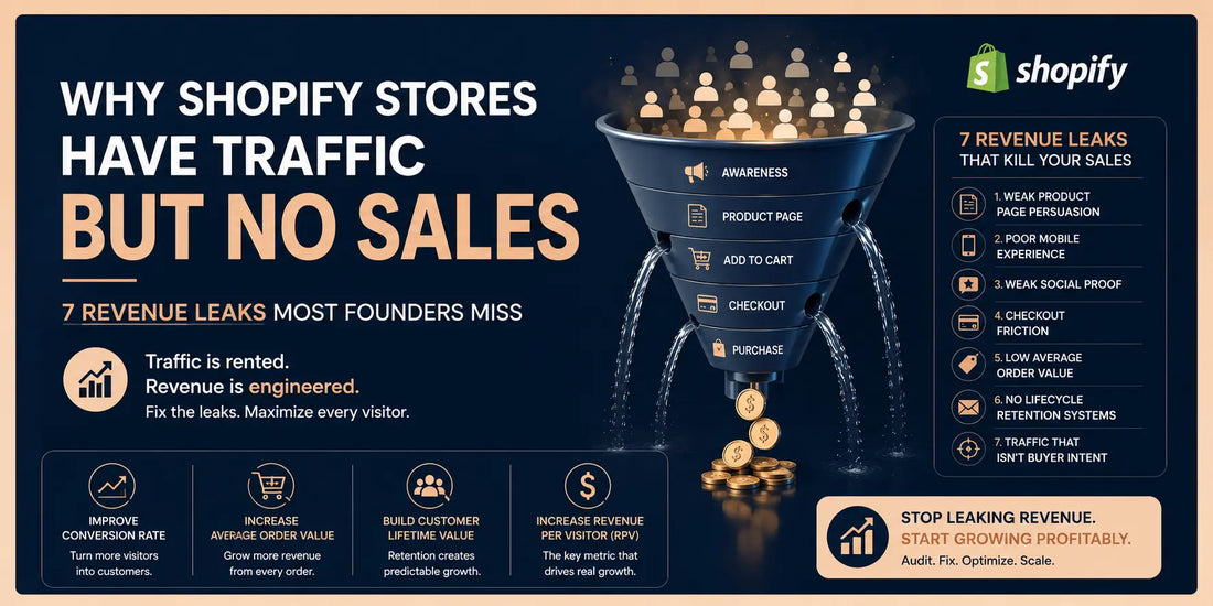 Illustration of a leaking sales funnel showing the seven revenue leaks that prevent Shopify stores from converting traffic into sales.